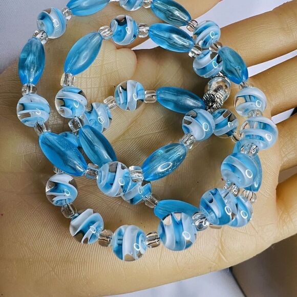 Vintage Art Glass Necklace Crystal White Swirl Aqua Blue AB Sterling Silver 4609 - Picture 5 of 10